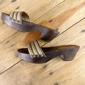 Colin Stuart Wood Bottoms Clogs Sandals Leather 7.5 Gold Brown Platform